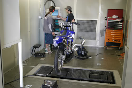 Dyno Tuning for Race Bikes, 2 persons working on a Blue Dirt Bike
